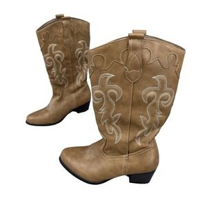 Canyon Trails Western Cowboy Boots Women 7M Tan Faux Leather Embroidered Pull-On